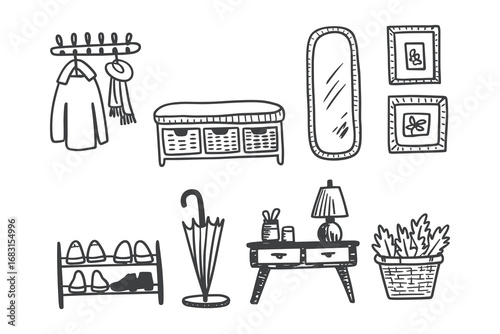 Charming Hand-Drawn Illustration of a Cozy Entryway Featuring Coat Hooks, a Shoe Rack, Decorative Mirror, and Stylish Furniture Accents