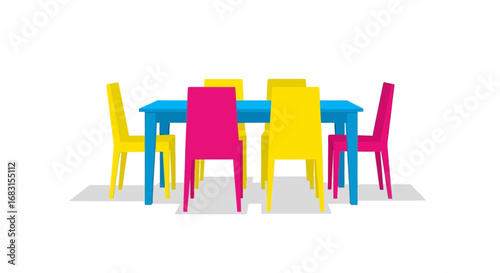 Minimalistic vibrant dining room setup on pure white background illustration