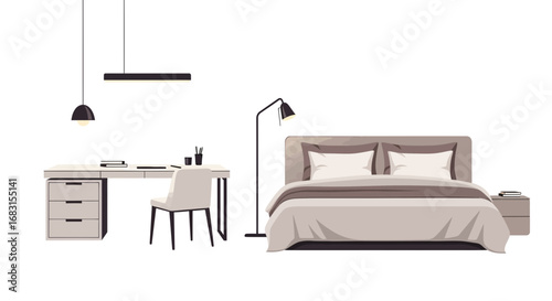 Modern bedroom design showcasing a blend of workspace and relaxation