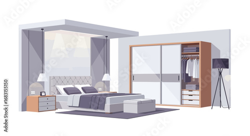 Modern bedroom interior design with bed, wardrobe, and minimalist decor