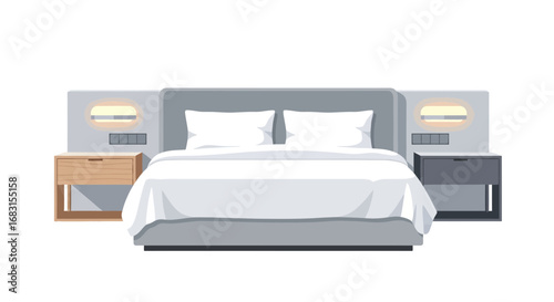 Modern bedroom interior design with bed, bedside tables and lighting fixtures
