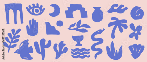 Vector clipart with magical logo, icons, elements in  boho greek antique style. Vector illustration background in trendy retro naive simple style