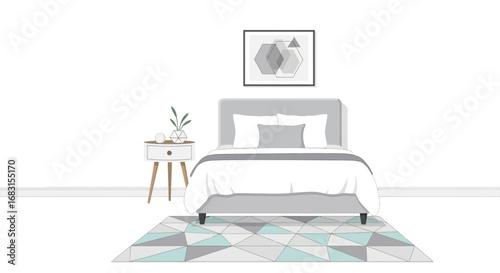 Modern bedroom interior design with geometric patterns illustration