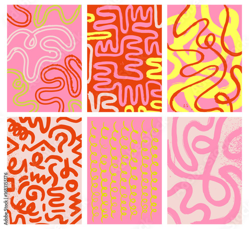 Abstract  contemporary aesthetic backgrounds set in doodle grunge style. Maximalist modern wall art posters set. Organic shapes, continuous line, playful curved bold brush strokes