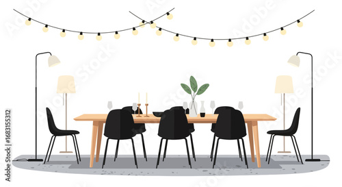 Modern dining room interior setup with decorative lighting and furniture