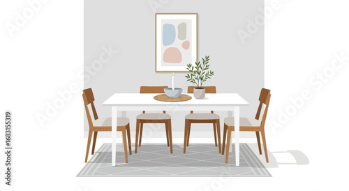 Modern dining room setup showcasing contemporary minimalist illustration