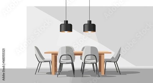 Modern dining room illustration with wooden table and stylish pendant lights