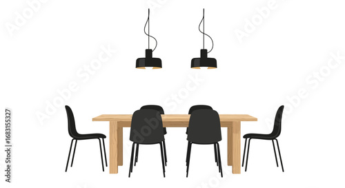Modern dining room setup with wooden table and sleek black chairs
