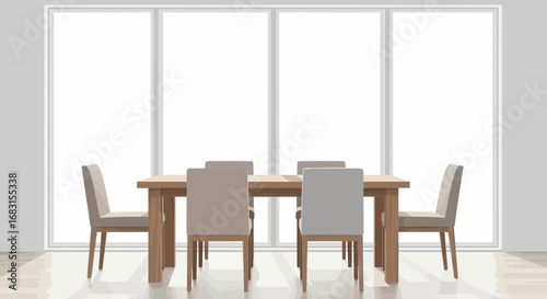 Modern dining room setup with light-filled ambiance and neutral palette