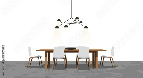Modern dining setup with statement lighting fixture and clean lines table