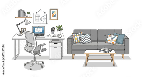 Modern home office interior illustration with desk, sofa and decorations