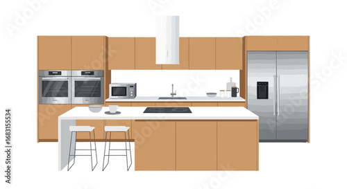 Modern kitchen interior design with island, cabinet, and appliances showcase