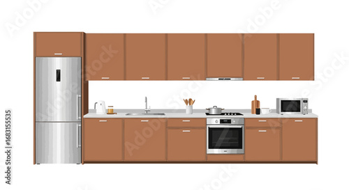 Modern Kitchen Interior with Brown Cabinets and Stainless Steel Appliances