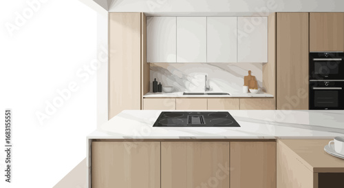 Modern kitchen interior with minimalist design and elegant marble accents