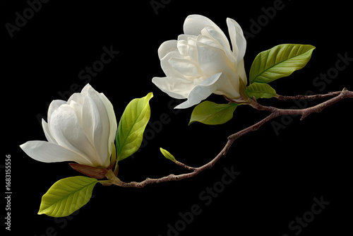 Ramo di magnolia con due fiori bianchi e foglie verdi su fondo nero uniforme. Elemento floreale elegante, scontornabile, ideale per branding cosmetico, inviti raffinati, poster e composizioni.