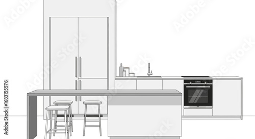 Modern kitchen interior with island and stools minimalistic design style