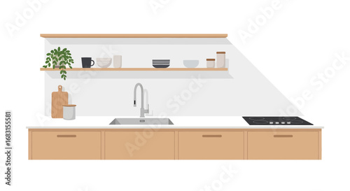 Modern kitchen interior with minimalist design and open shelving concept