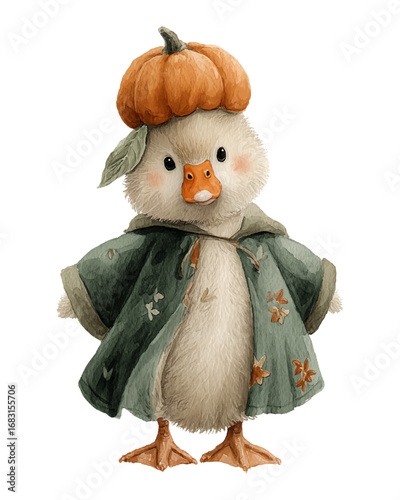 Cute duckling in green cloak with pumpkin hat, autumn watercolor illustration, Halloween, isolated with transparent background