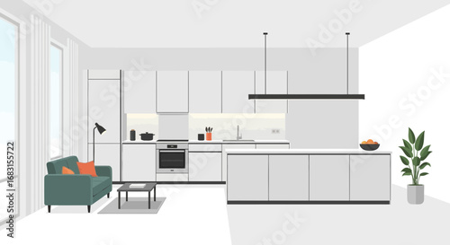 Modern living space with an open kitchen and minimalistic design style