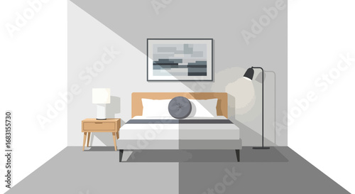 Modern minimalist bedroom interior with natural light and subtle artwork