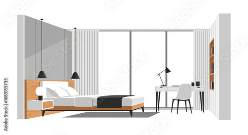 Modern minimalist bedroom interior design concept, vector illustration