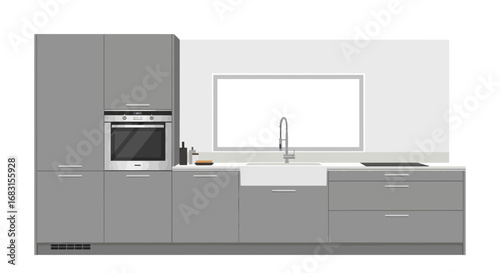 Modern minimalist kitchen design with gray cabinetry and farmhouse sink