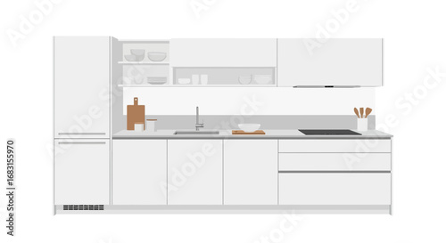 Modern minimalist kitchen design with white cabinets and appliances