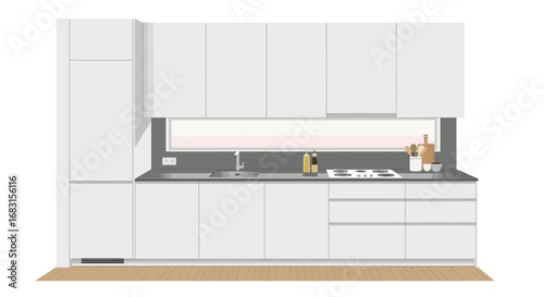 Modern minimalist kitchen with white cabinets and sleek gray countertops