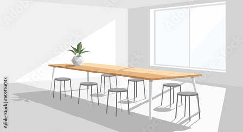 Modern minimalist workspace interior with natural light and communal table