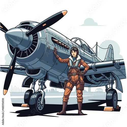 A female pilot stands proudly next to a vintage airplane, ready for flight.