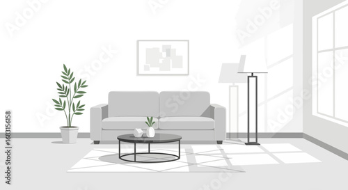 Modern Scandinavian living room interior design with sunlight details