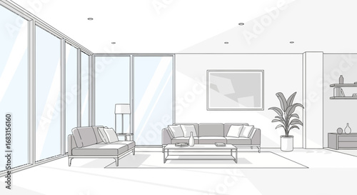 Modern minimalist living room interior design with sleek furniture and large windows