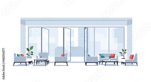 Modern Waiting Room with Glass Walls and Neutral Furniture Arrangement