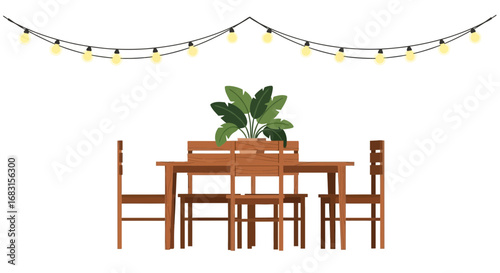 Outdoor wooden table setting with hanging lights for cozy gathering decor