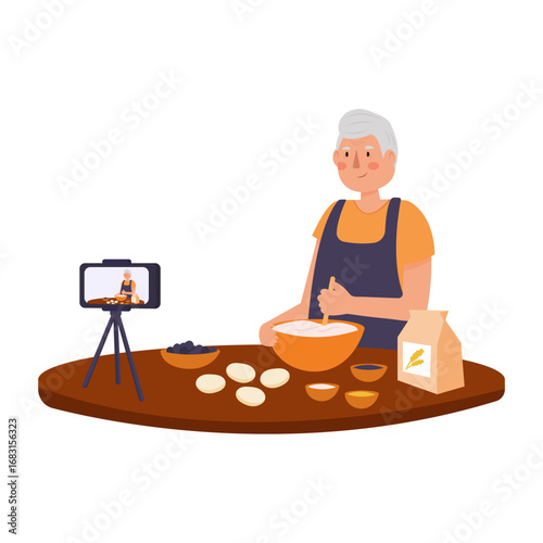 Grandpa blogger shoots a culinary blog. Baking, blogger, eggs, dough, flour, spices, blog, online, elderly