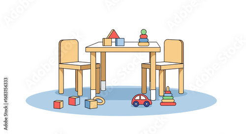 Playful Cartoon Illustration of Children's Table and Toys in a Playroom