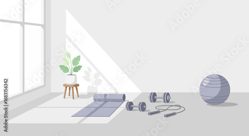 Peaceful Home Gym Ambiance with Minimalistic Exercise Equipment and Plant