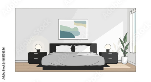 Serene and minimalist bedroom design, cozy bedding with plant accent