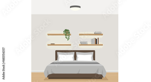 Relaxing bedroom scene with modern minimalist design and calming elements