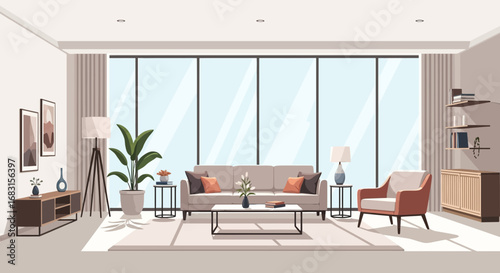 Serene and modern living room interior with natural light and neutral tones