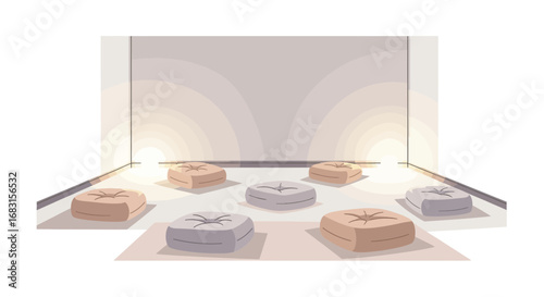 Serene gathering space with pastel cushions and soft diffused lighting