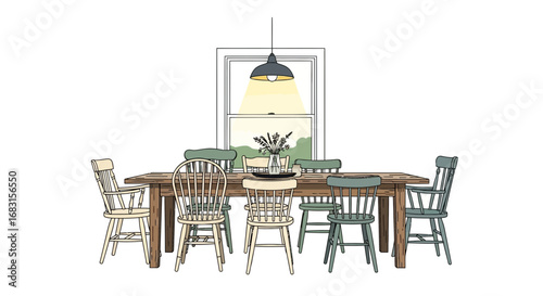 Serene dining scene with wooden table and chairs cartoon illustration