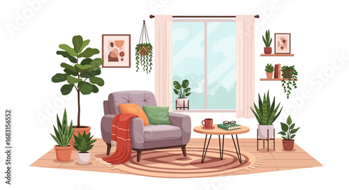 Serene indoor space featuring comfortable armchair and decorative plants