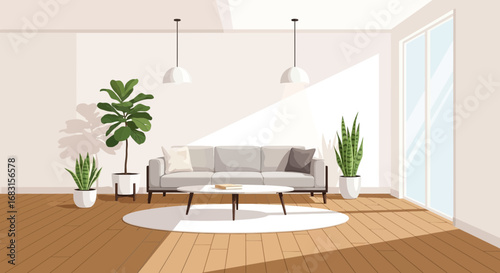Serene living room interior bathed in sunlight with minimalist modern design