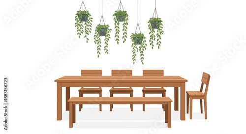 Serene outdoor dining setup with wooden furniture and hanging plants