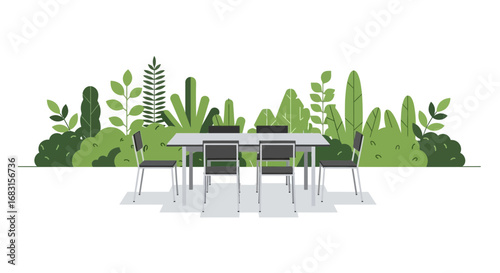 Serene outdoor meeting space with lush greenery and minimalist design