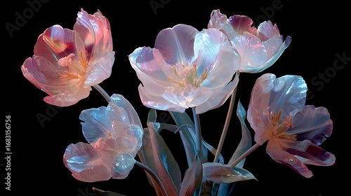 Glow the dark fantasy tulips illuminated in bioluminescent tones dreamlike surreal floral artwork