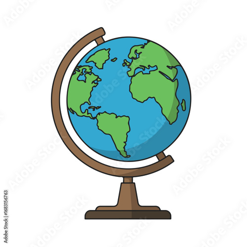 A cartoonstyle globe on a stand The globe is blue and green depicting continents and oceans