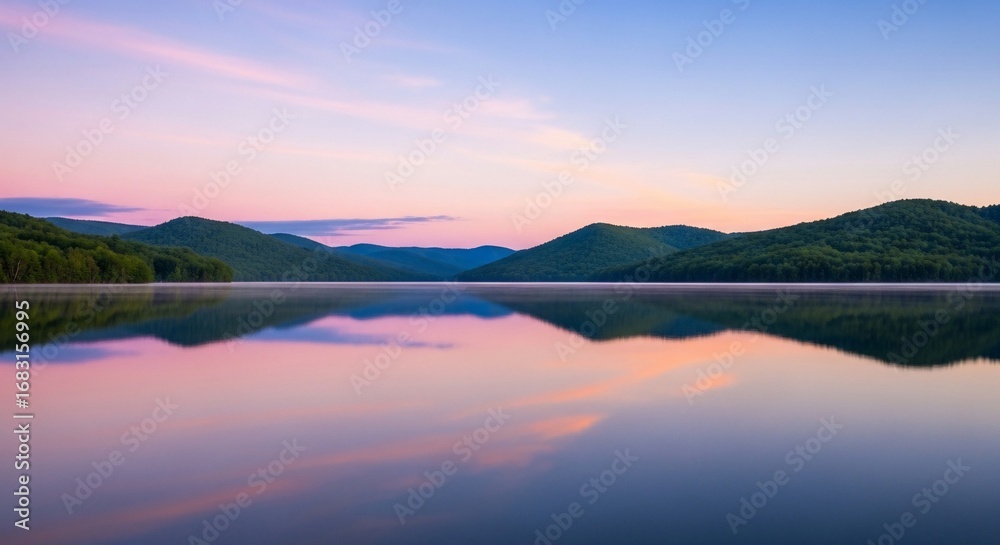 Fototapeta premium Serene lake reflecting the sky and forested hills at dawn, creating a peaceful and symmetrical landscape.