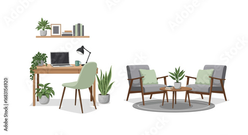 Sophisticated home office and relaxation lounge setup on a plain background